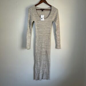 NWT Forever 21 Midi Dress Ribbed Knit Size S Taupe Cream Scoop Neck Long Sleeve